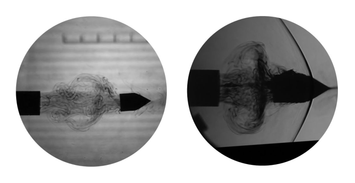 High-speed camera images capture a projectile exiting the light gas gun at 0.8 km per second. Direct imaging (left) shows the wake of the driving gas, and the shadowgraph image (right) shows the shock wave. Image: Dr SK Karthick and BHARATI team.
