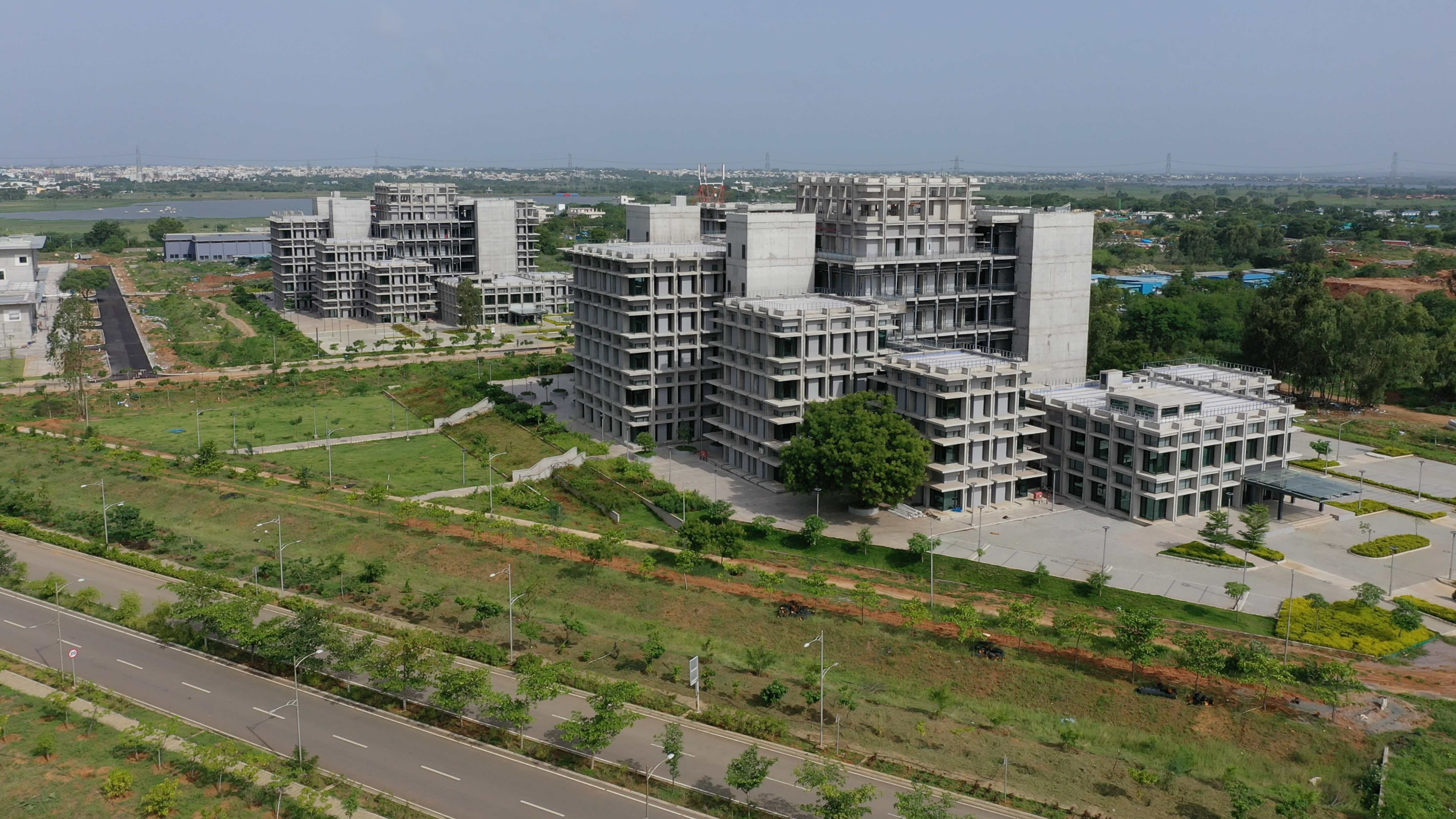 The innovation ecosystem at IIT Hyderabad encourages innovation among students by offering resources and mentorship. Seen here are the Technology Innovation Park (foreground) and Technology Research Park (background) on campus.
