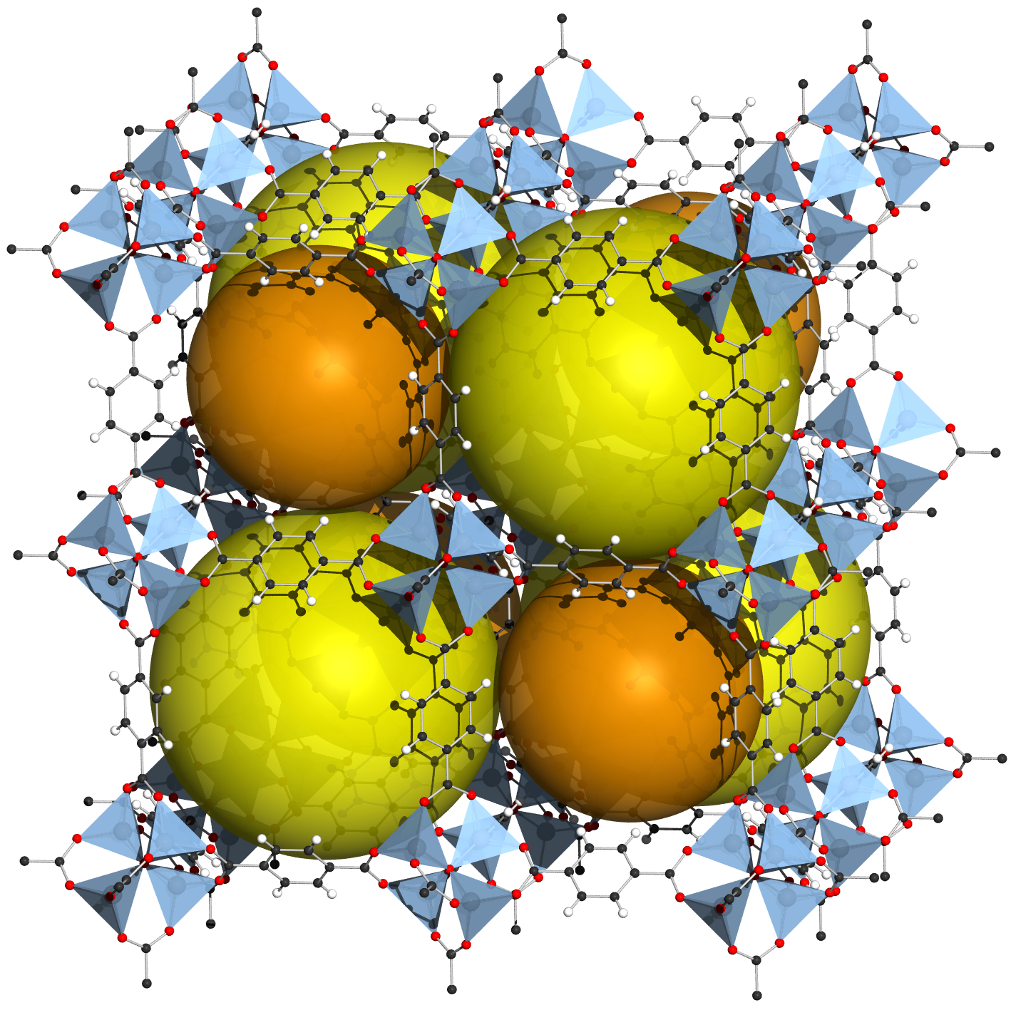 MOF-5 was one of the first metal-organic frameworks to be developed, which was both stable and extremely spacious. In the image above, zinc ions are represented by triangles linked to organic molecules, and pores are highlighted as orange and yellow spheres. Image: Tony Boehle, Wikimedia Commons (CC BY-SA 3.0)