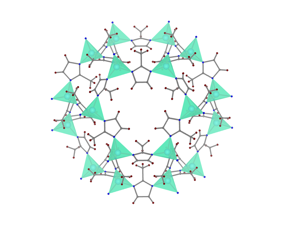 ZIF-8 belongs to a class of metal-organic frameworks, where zinc ions (green triangles) are connected using organic linkers (2-methylimidazolate) to create a porous structure. ZIF-8 is very stable and finds applications in the separation and storage of gases. Image: Dr Deepu J Babu