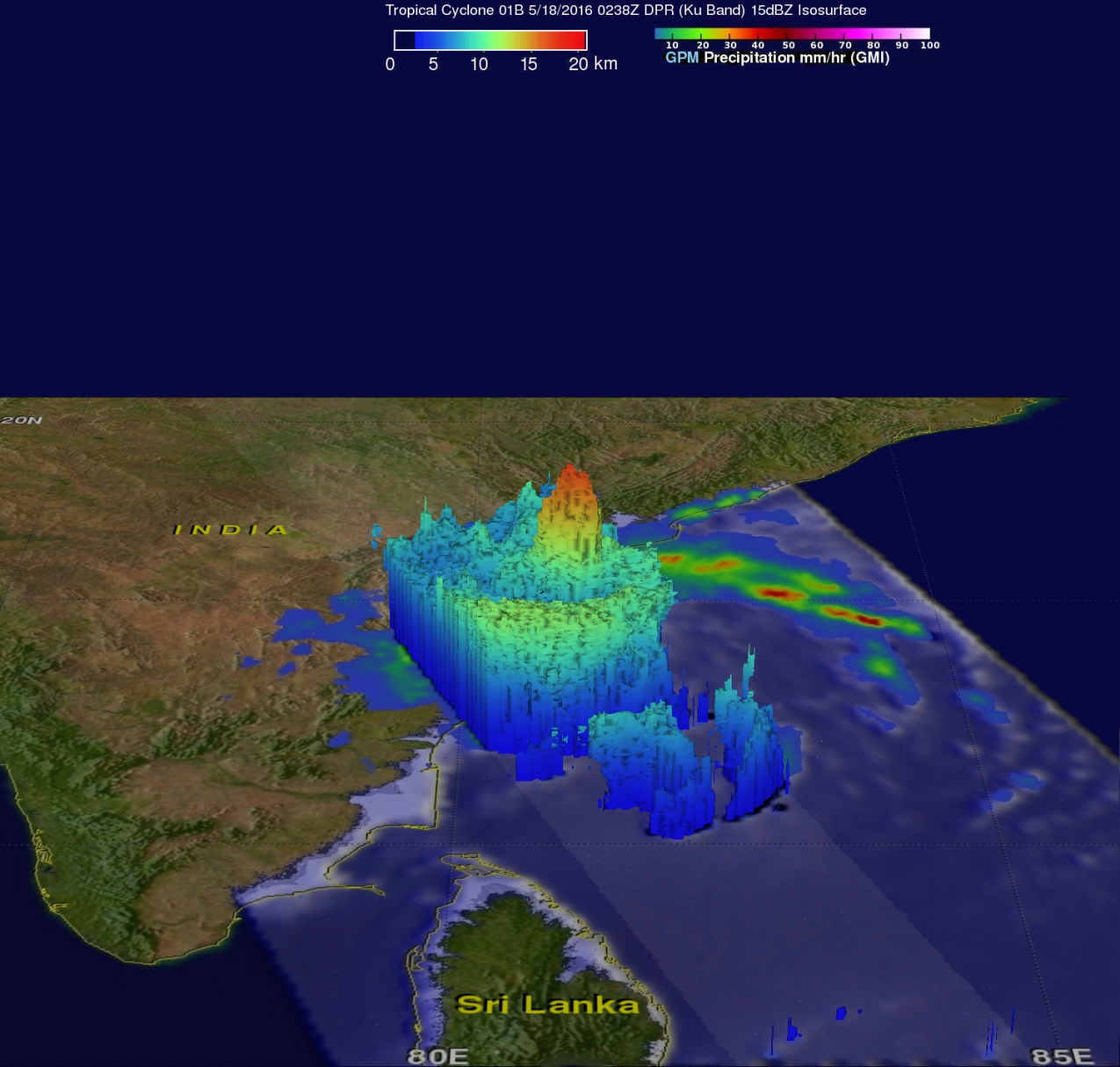 Climate researchers use data captured by sensors mounted on Earth-orbiting satellites to estimate precipitation at a global scale. Shown here is a three-dimensional cross-section of radar data from the Global Precipitation Measurement satellite mission representing the height of cloud tops up to 16 km within the forming FAKIR cyclone (April 2018). Image: Hal Pierce (SSAI/NASA GSFC)
