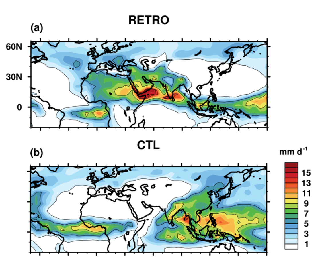 Dr Chetankumar Jalihal’s research focuses on testing theories of the monsoon to see how well they reproduce past climate, which can tell us if they can reliably predict future climate. His recent work shows that reversing the Earth’s rotation changes two key variables, energy and water vapour, which gives rise to a monsoon over the Sahara desert (top panel). Rainfall under normal conditions is shown in the panel below. Jalihal & Mikolajewicz (2026) (CC BY-SA 4.0)
