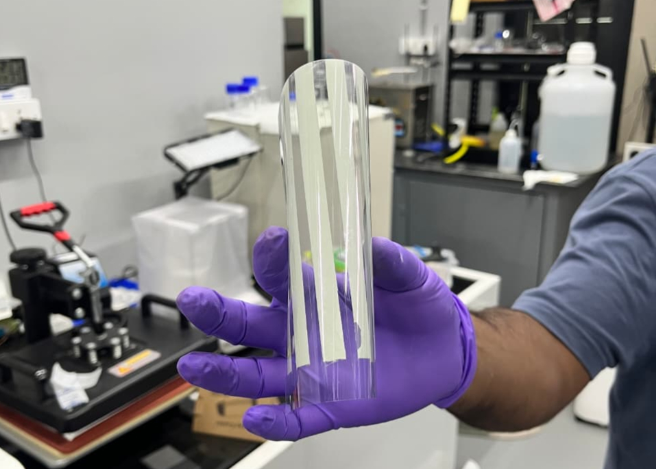 Thin-film solar cells are made by printing nanoparticle suspensions onto a glass or plastic substrate. The resulting films are thinner than a strand of hair, flexible and semi-transparent. Image: Pavakah Energy