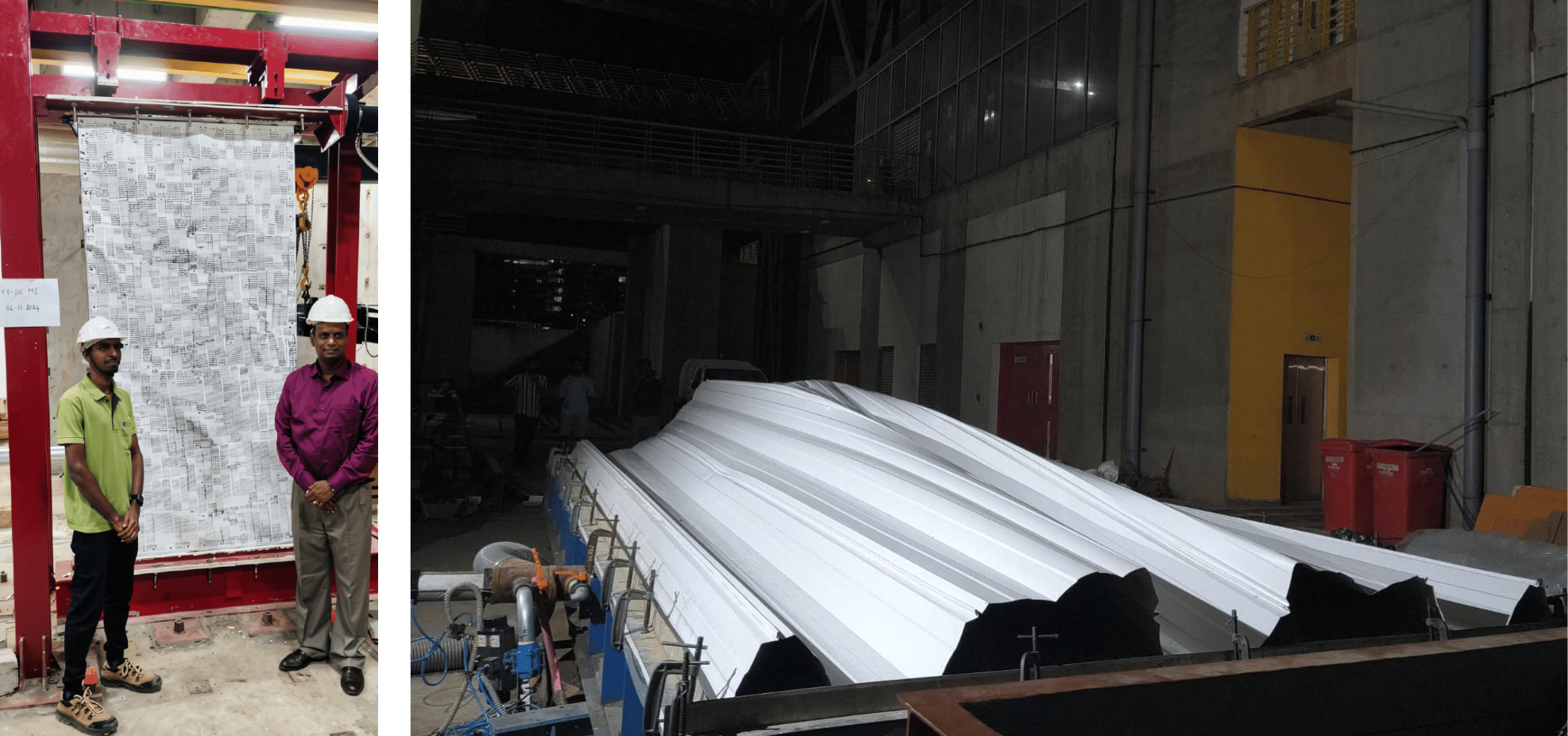 Cold-formed structural steel is thin, shows high strength-to-weight ratio, ductility and corrosion resistance. These properties make it suitable for building structures in regions susceptible to natural hazards such as earthquakes and cyclones. Left: Prof. Madhavan and student Mr. Karmugilan after the successful seismic testing of a cold-formed steel wall specimen; Right: Wind uplift test chamber of the group after roof sheet failure under wind loading. Photos: SSRG